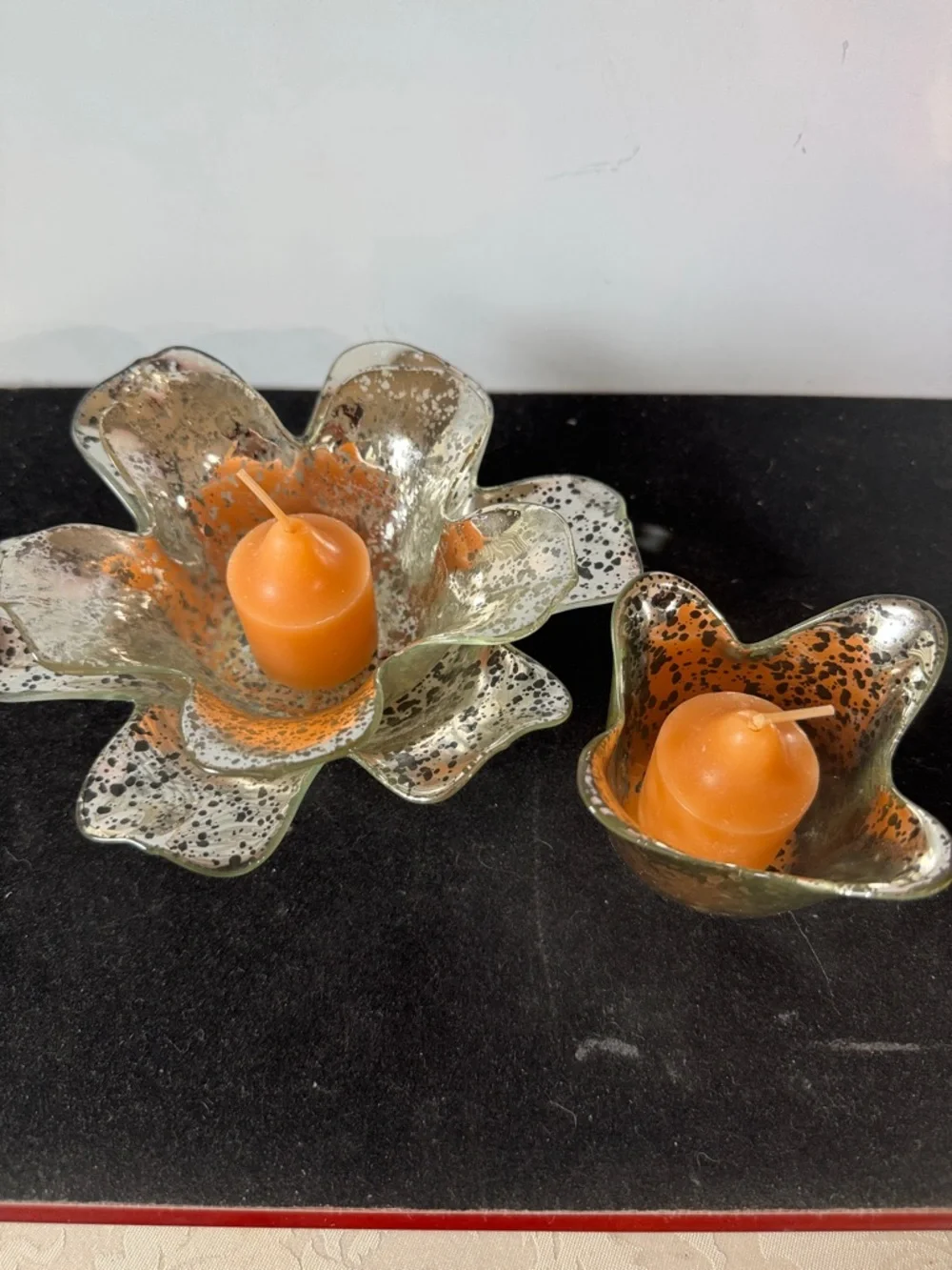 Vintage 2 piece Petal Glass Votive Candle Holder: Silver Splatter Paint Diameter